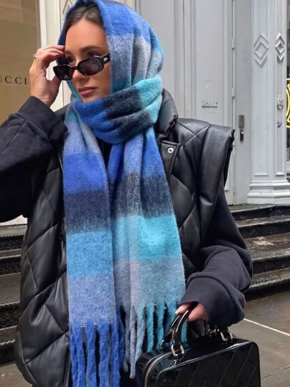1pc Women's Street Style Christmas Rainbow Plaid Scarf, Autumn/Winter